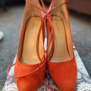 Nine West Orange Swede Pumps with Leather Straps